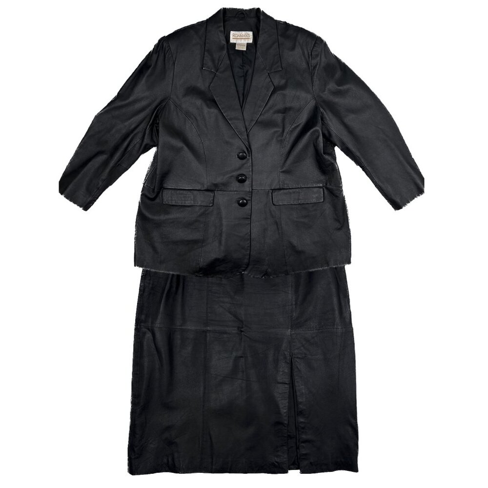 ‘80s Vintage Leather‎ Power Suit Jacket Stretch Slit Skirt Approx Sz 3XL NWOT - Picture 2 of 12